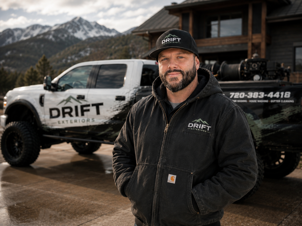 Chris, owner of Drift Exteriors, with his truck in the Colorado mountains