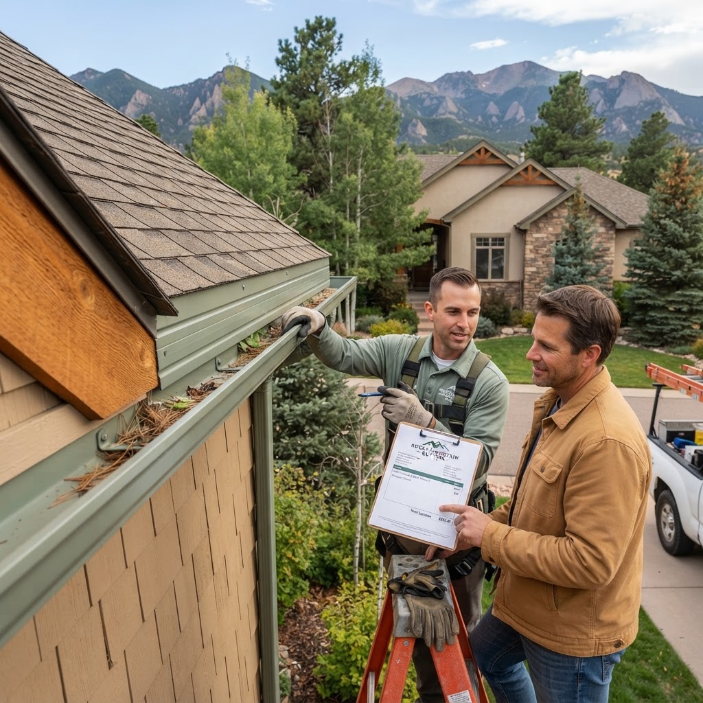 Close-up view of a dark grey modern gutter system and asphalt shingle roof on a house with a suburban neighborhood and mountains in the background.
