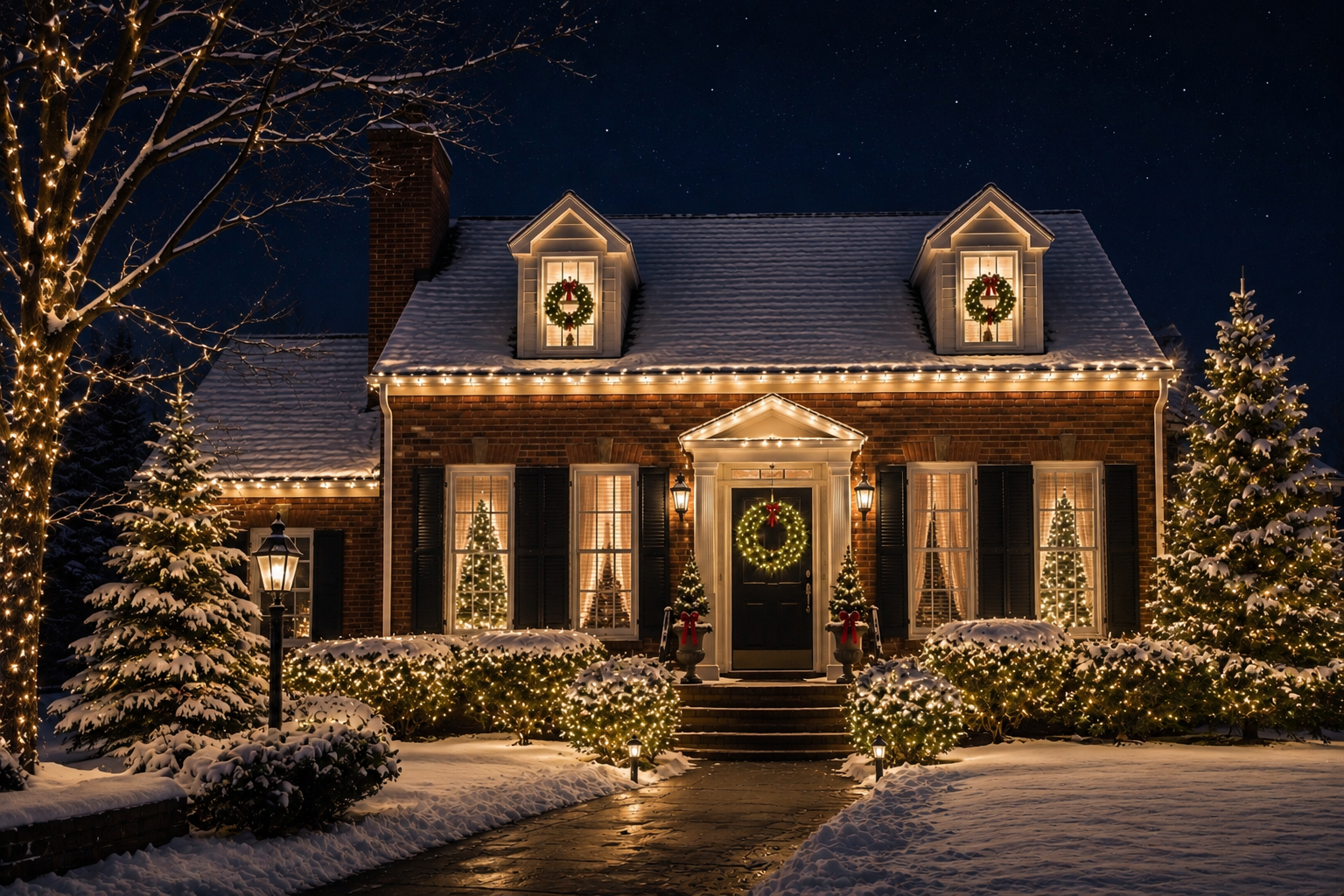 Classic home with warm white holiday roofline lighting