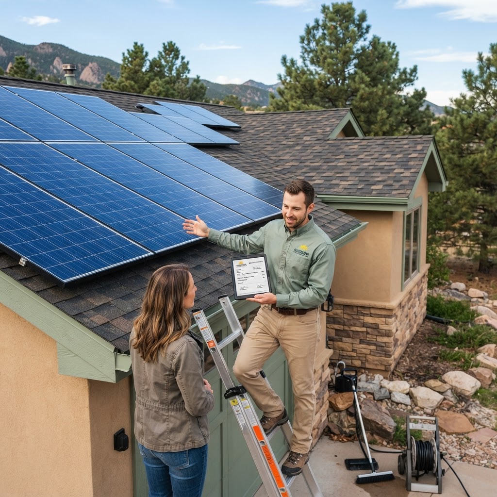 A close-up view of solar panels installed on a residential shingled roof during a golden hour sunset, with mountains and trees in the background.