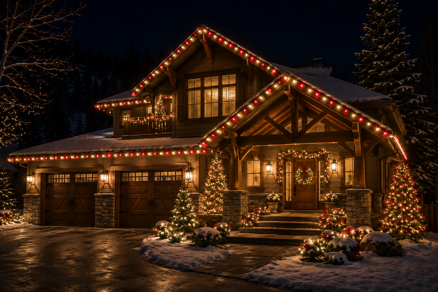 Two-story home with warm white holiday roofline lights
