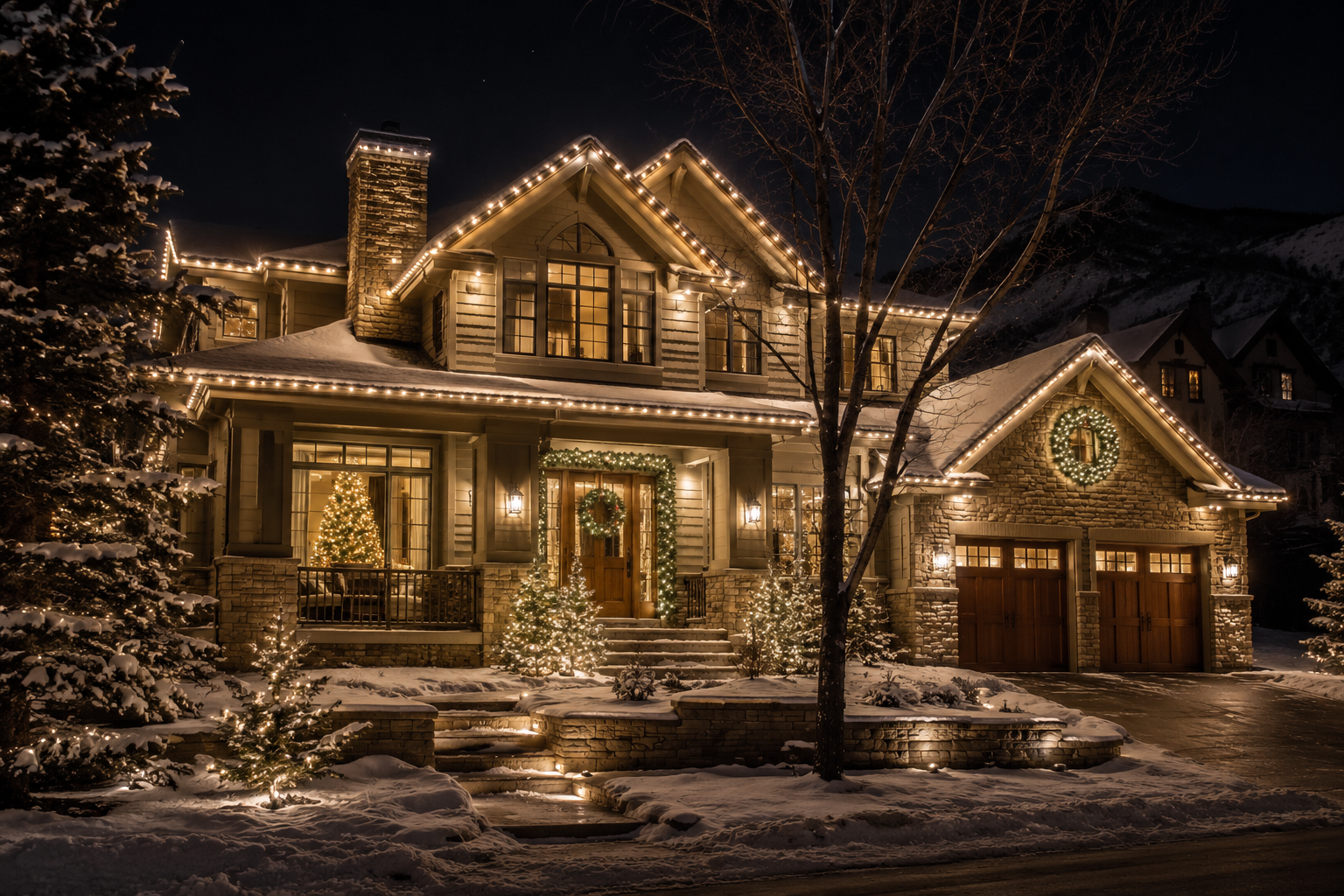 Colorado home with professionally designed custom holiday lighting along the roofline