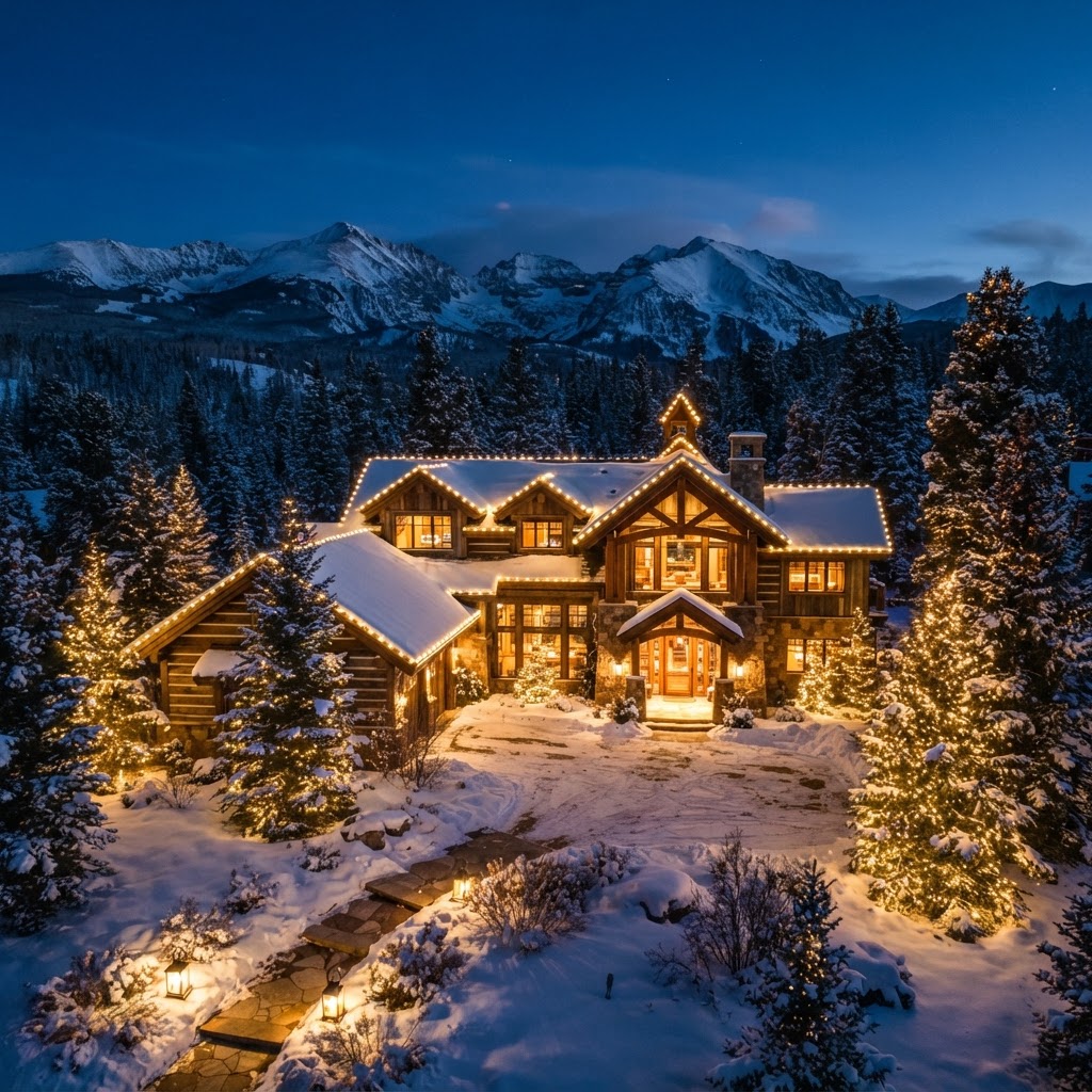 Luxury Colorado mountain home professionally illuminated with warm white holiday lights at dusk