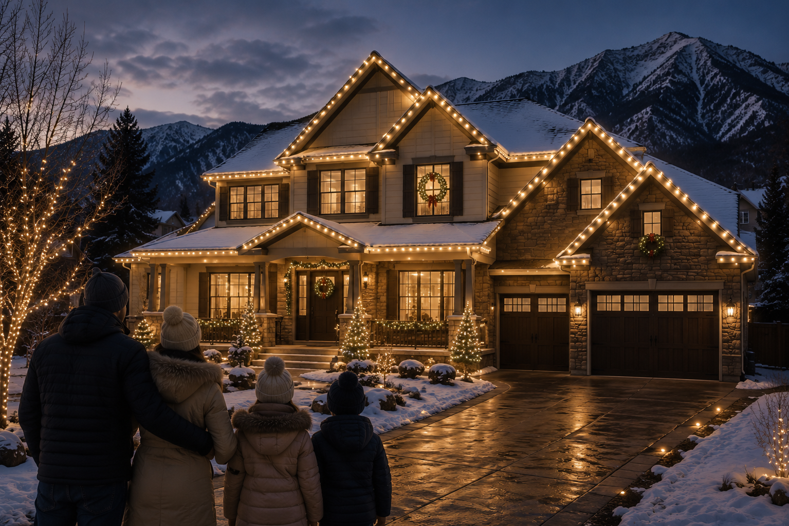 Warm, cozy Colorado home glowing on a winter night