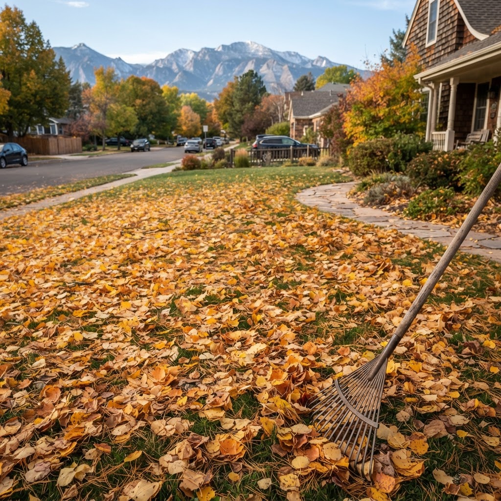 A Colorado lawn blanketed in golden aspen leaves and pine needles with the Rocky Mountains in the background