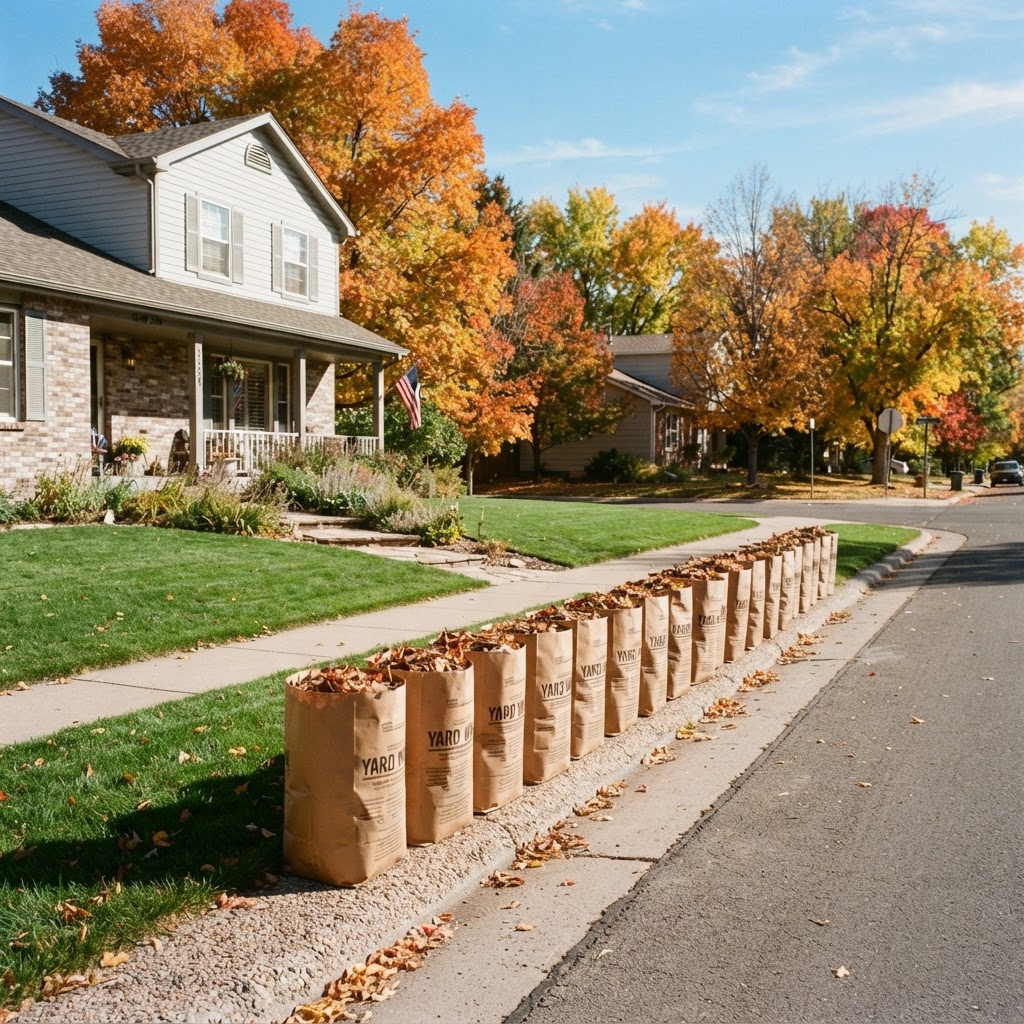 Brown paper lawn bags filled with fall leaves lined up at the curb of a freshly cleared suburban Denver lawn