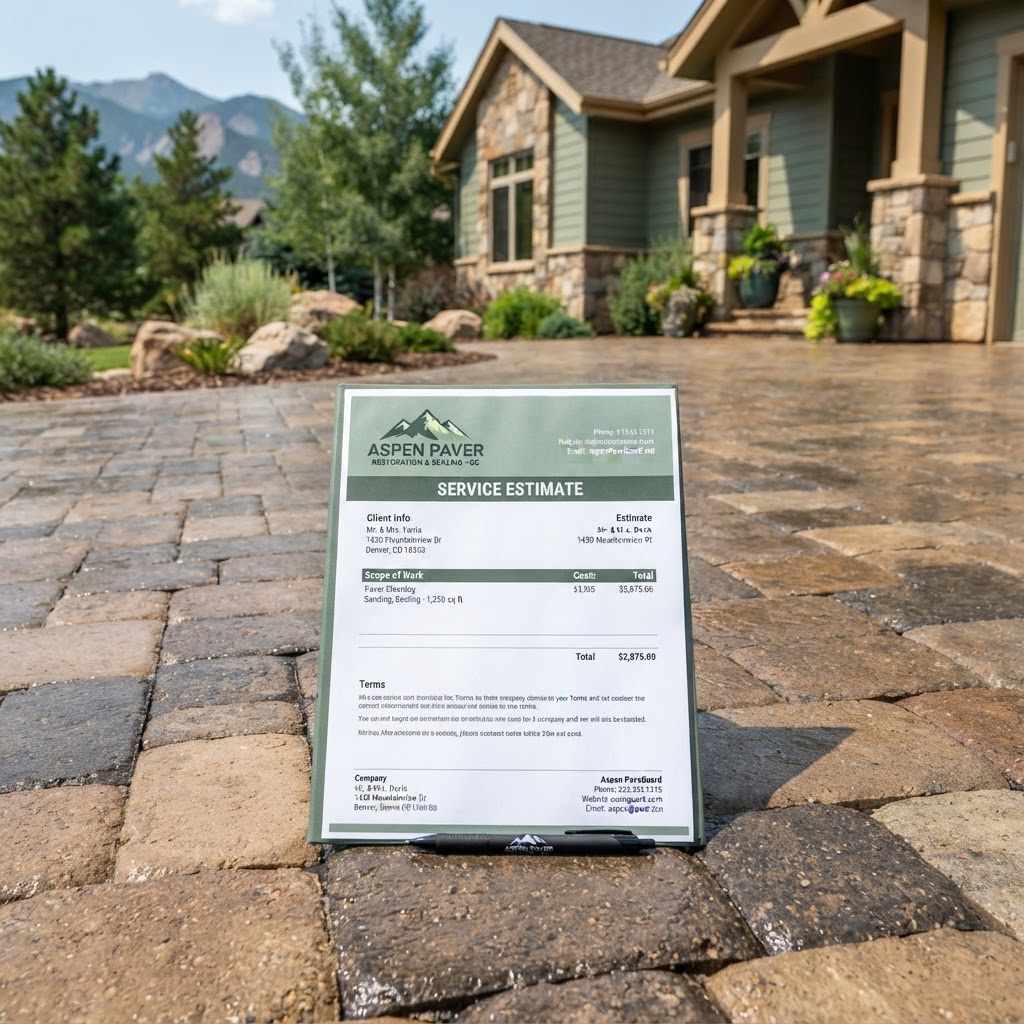 A luxurious stone-paved patio at sunset featuring a fire pit, comfortable outdoor seating, and mountain views in the background.