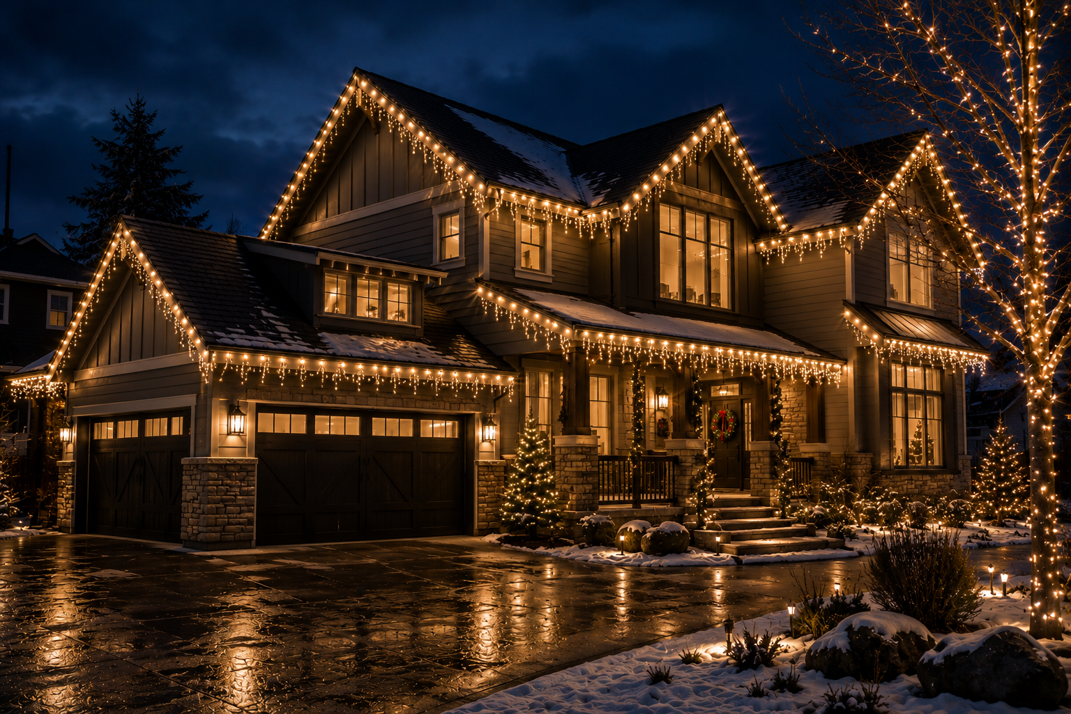 Modern home with clean architectural holiday lighting at night