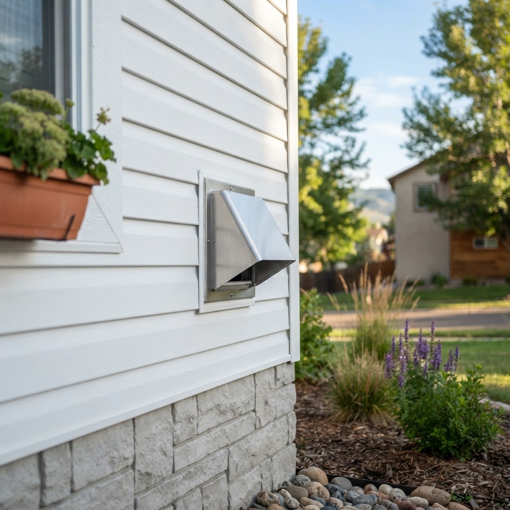 Clean exterior dryer vent exhaust hood on a Colorado home