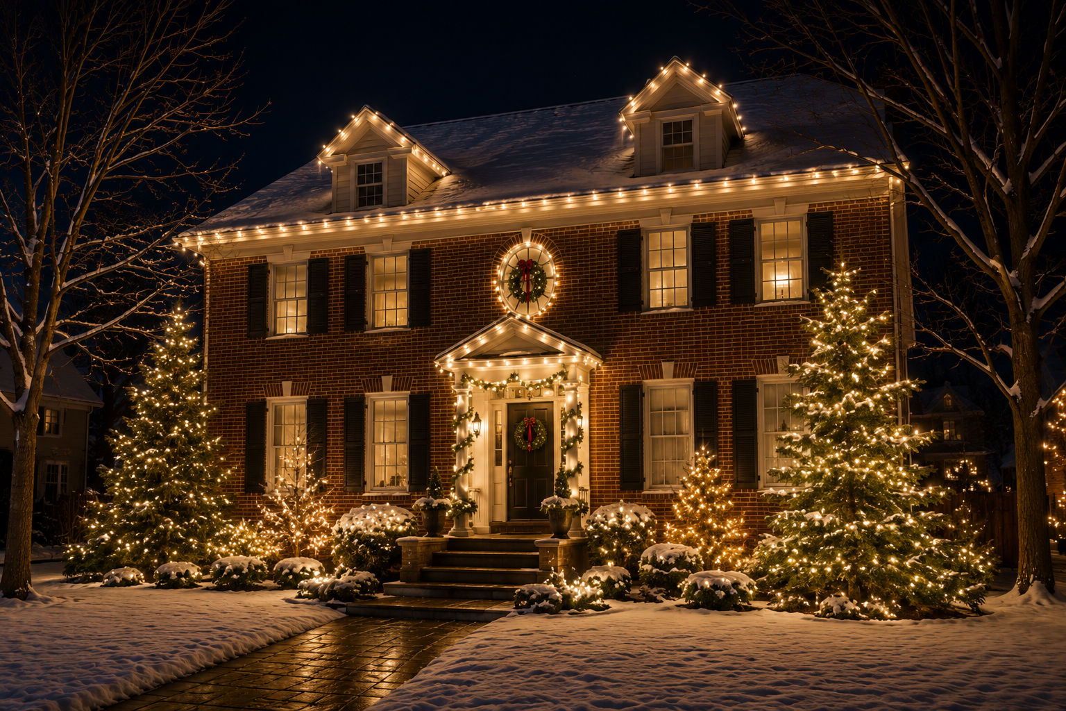 Warmly lit Colorado home at night with professional holiday lighting