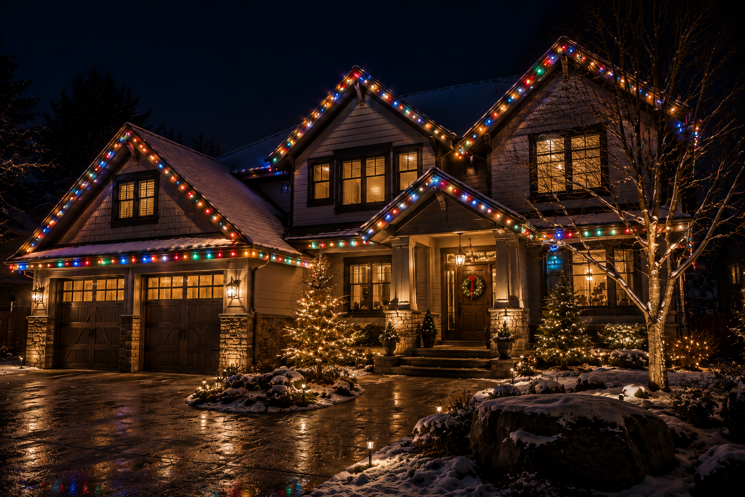 Elegant home illuminated at night with warm holiday lights