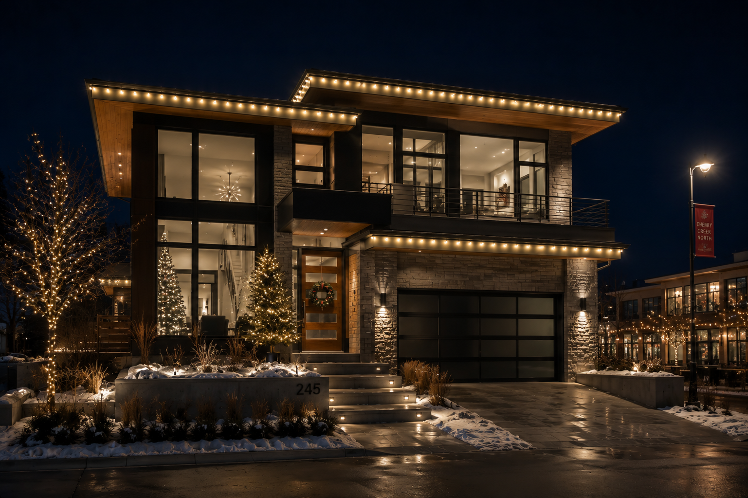Modern home with clean architectural holiday lighting