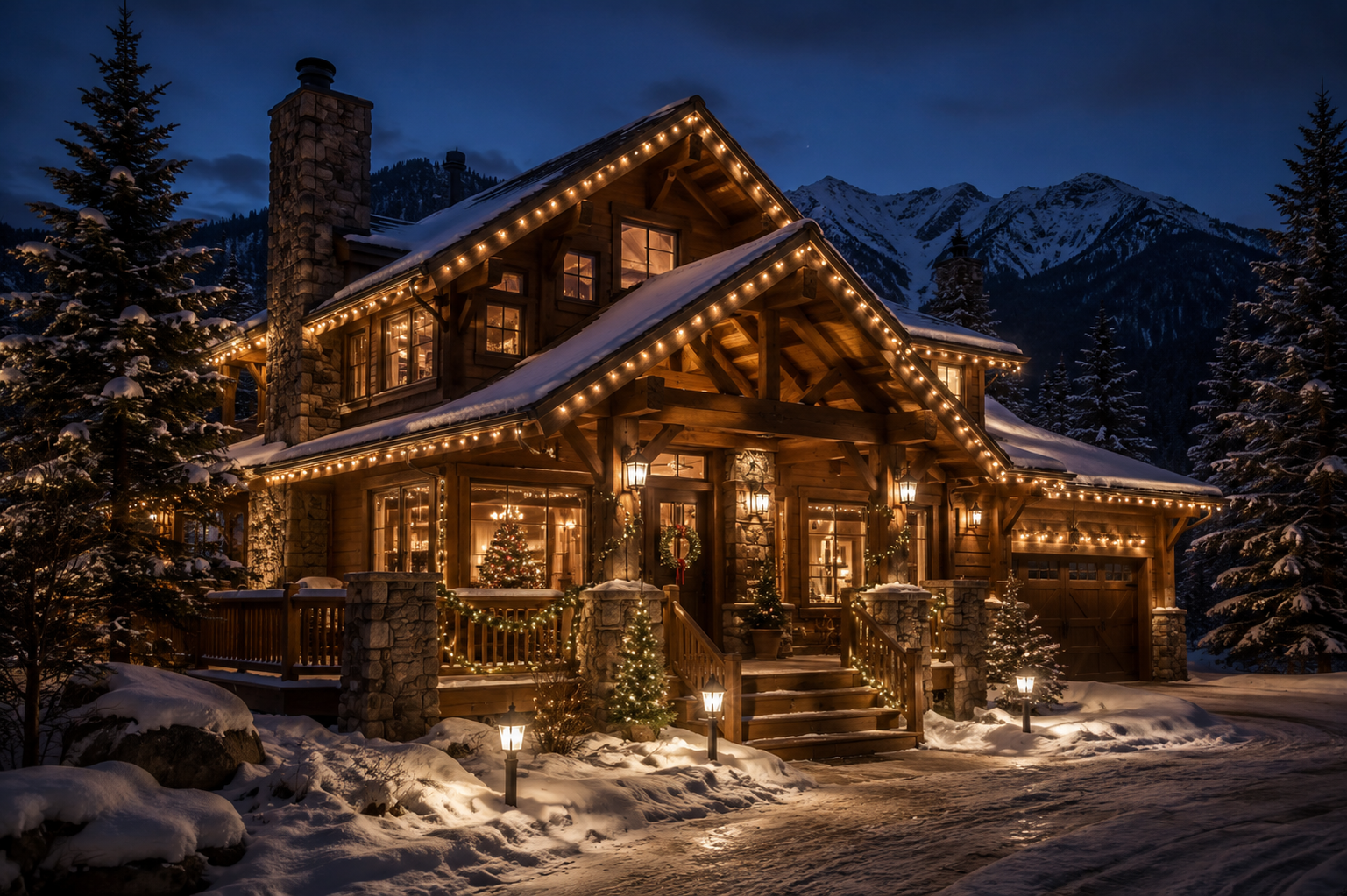 Mountain lodge style home with holiday lights on trees and roofline