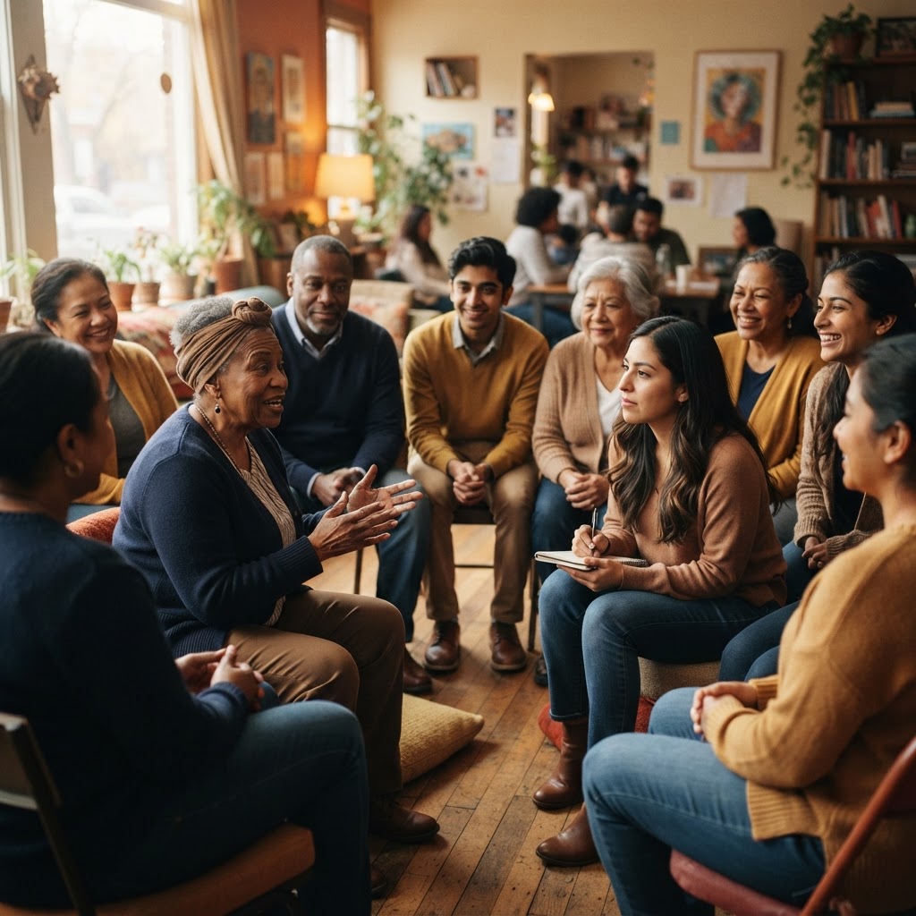 Community members gathering in connection and trust