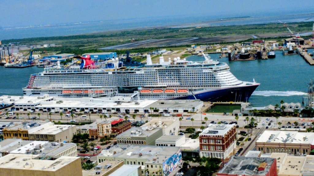 Cruise ship at Galveston port — aerial view