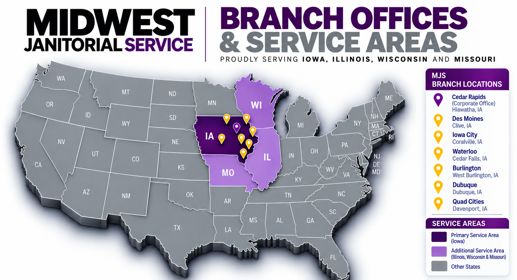 Map of MJS branch offices and service areas across Iowa, Illinois, Wisconsin, and Missouri