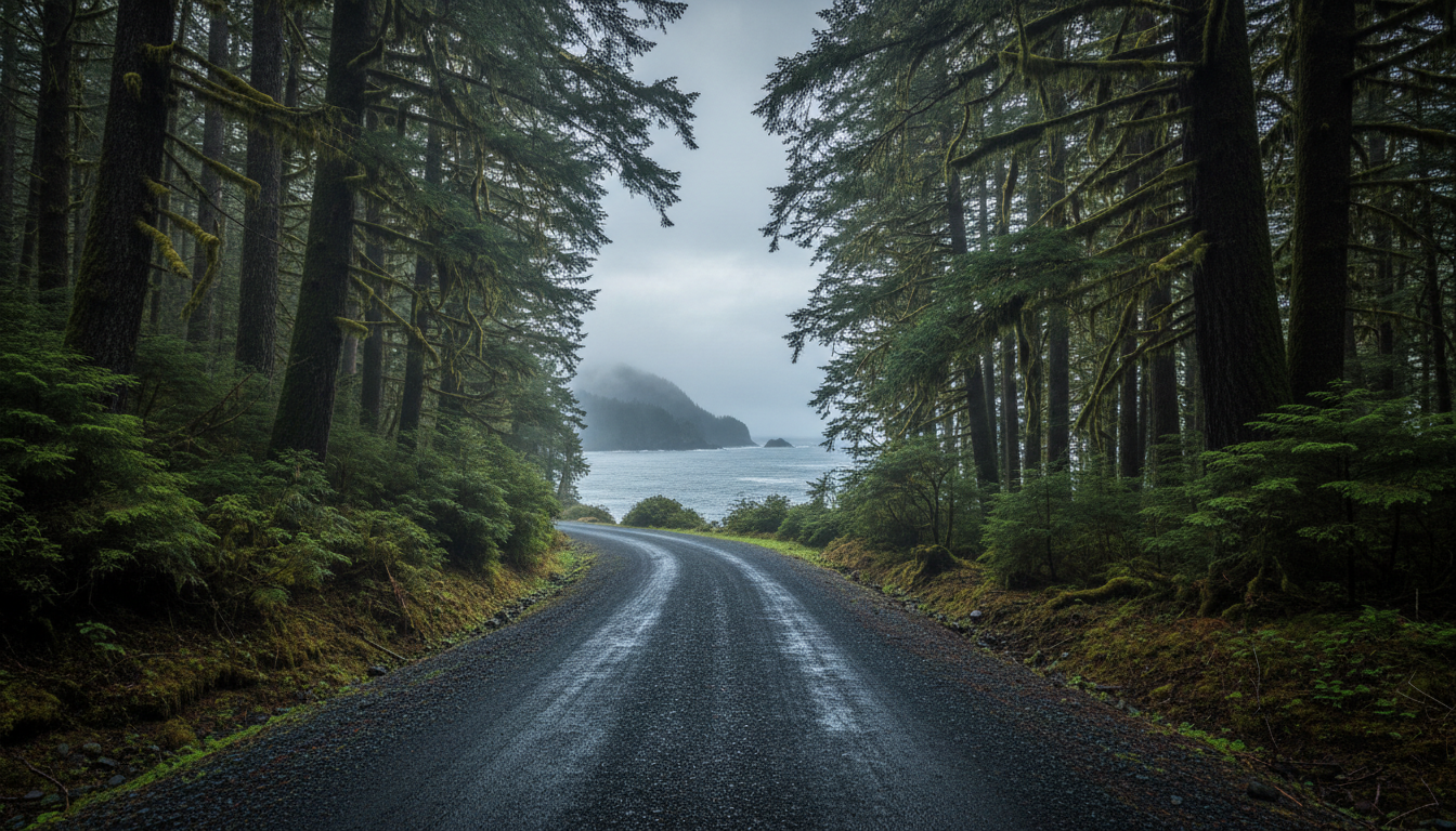 Coastal gravel road winding through old-growth forest