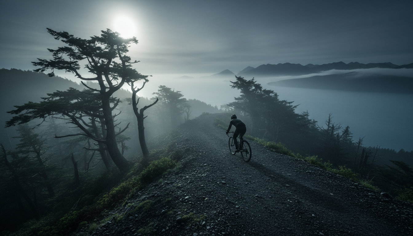 Cyclist disappearing into coastal fog on Vancouver Island