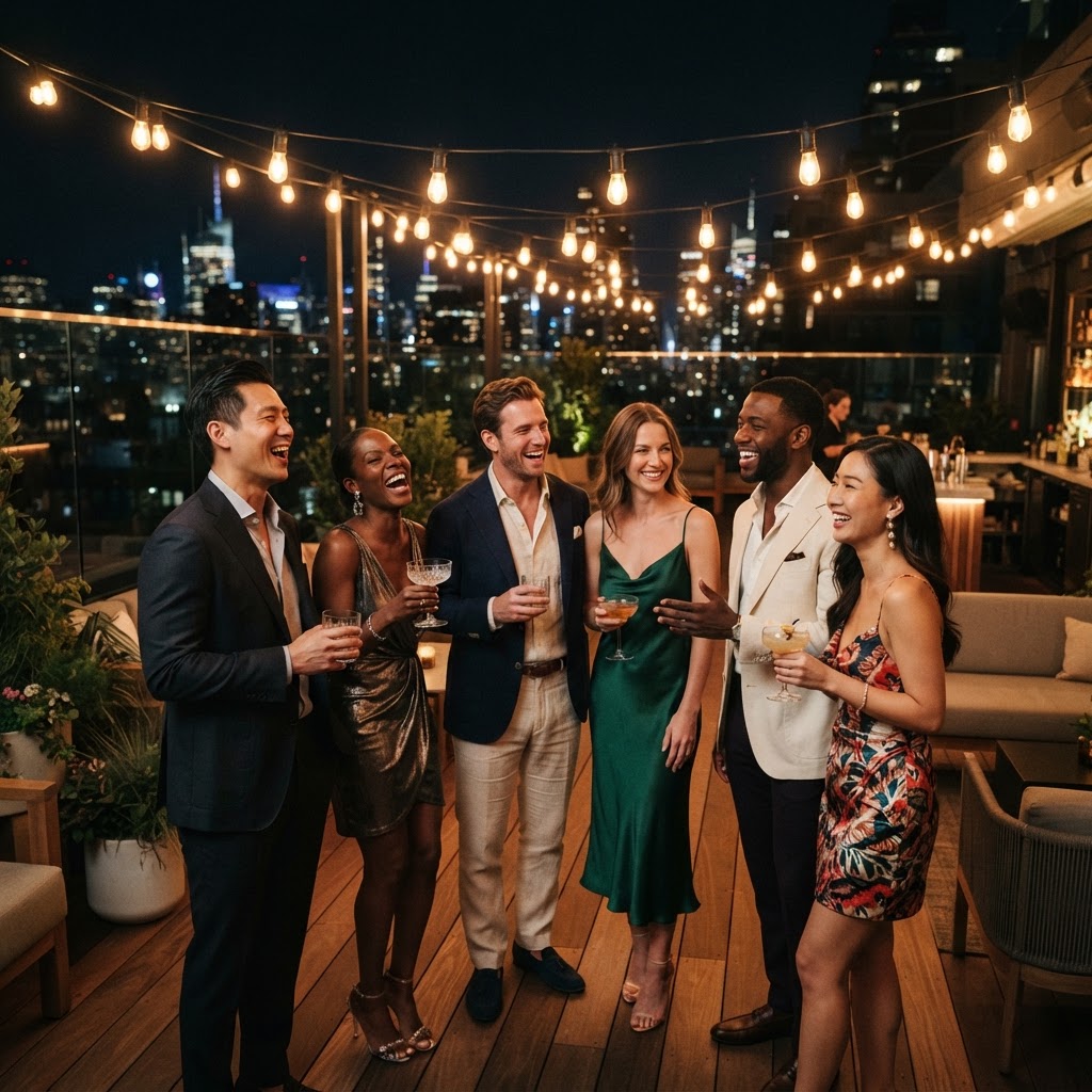 Well-dressed friends sharing cocktails under warm string lights