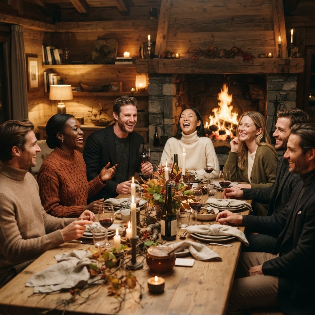 Friends dining around a wooden table by a chalet fireplace