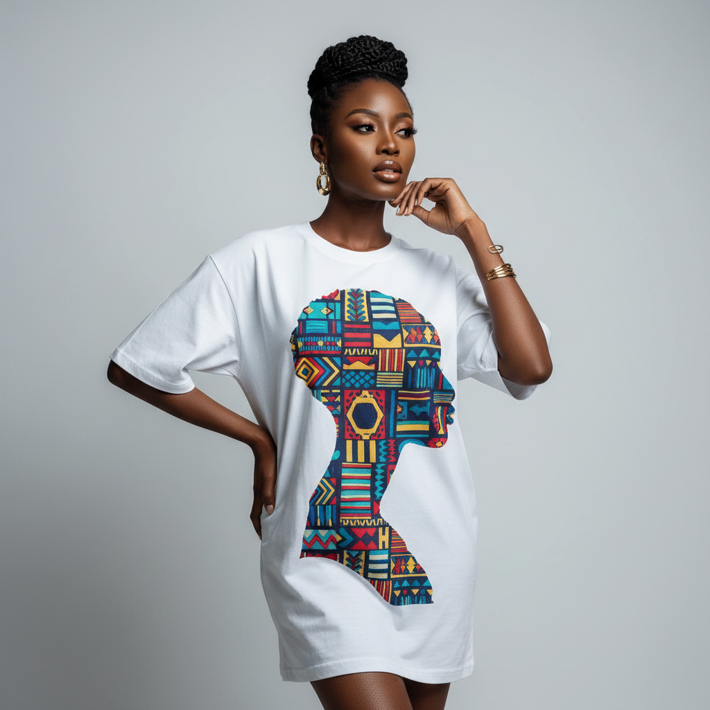 The African Silhouette Graphic Kaftan - A bold oversized white kaftan top featuring a striking large-scale graphic of an