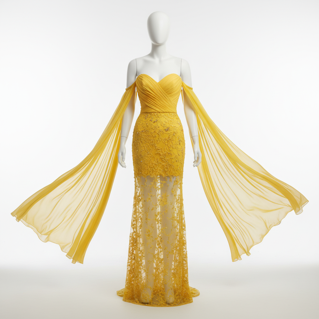 The Yellow Crystal Mermaid Cape Gown - A showstopping yellow strapless structured sweetheart bodice with pleated draped