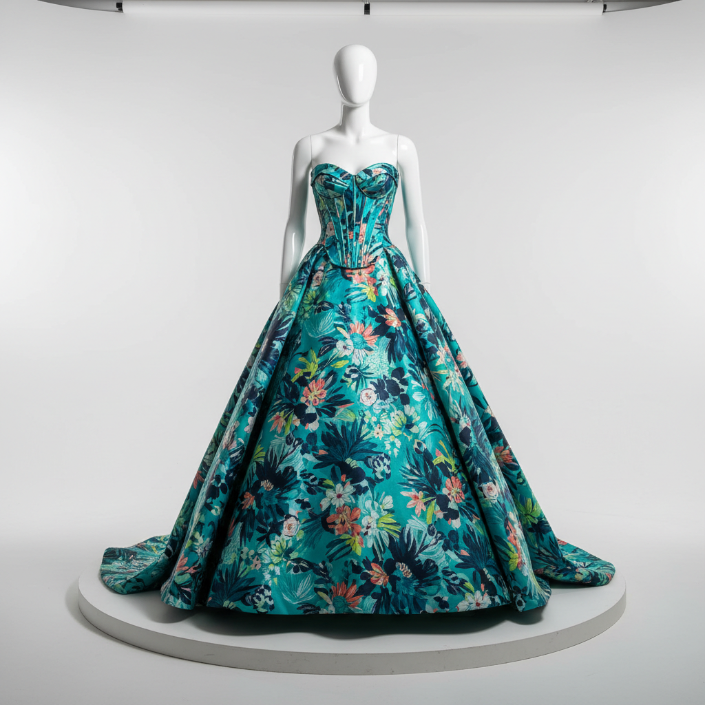The Tropical Print Button-Front Maxi - A vibrant floor-length maxi dress in a bold teal and blue tropical leaf and flor