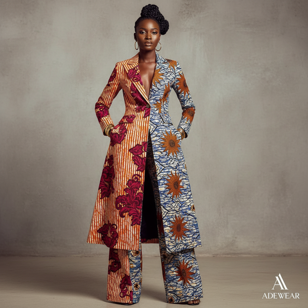 The Adire Mixed Print Blazer Set - A bold statement two-piece set in a long blazer-style coat and matching wide-leg