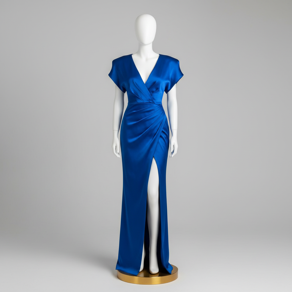The Royal Blue Satin Structured Gown - A royal blue satin structured gown with sculptural padded kimono-style short sle