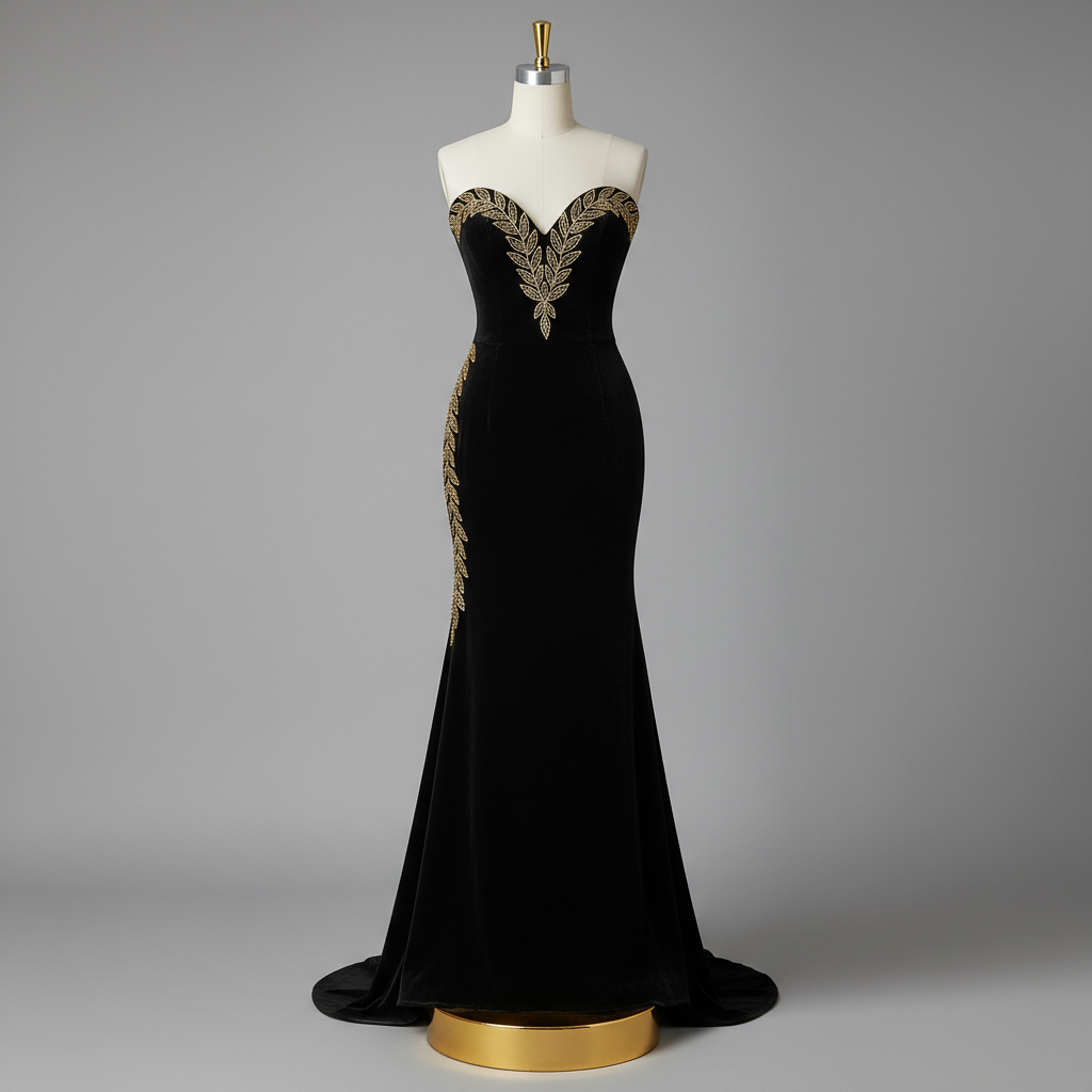 The Black Velvet Gold Leaf Gown - An extraordinary black strapless sweetheart neckline fitted mermaid gown with a