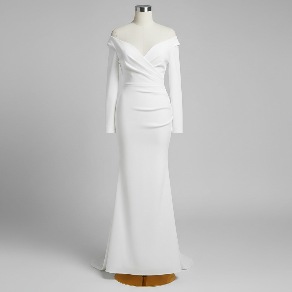 The White Off-Shoulder Ruched Gown - A minimal yet stunning white off-shoulder V-neckline long-sleeve ruched mermaid