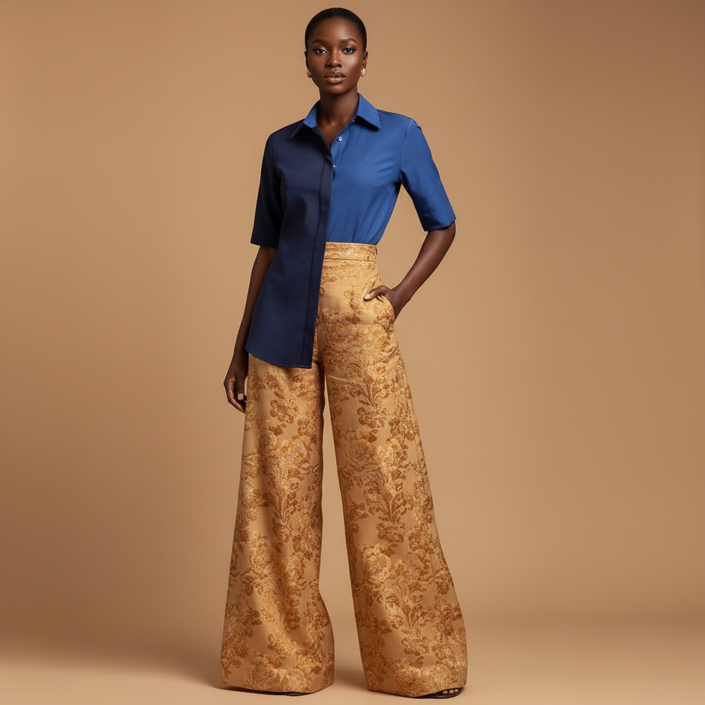 The Navy Colorblock & Brocade Trouser Set - A sophisticated two-tone two-piece set featuring a structured short-sleeve colla