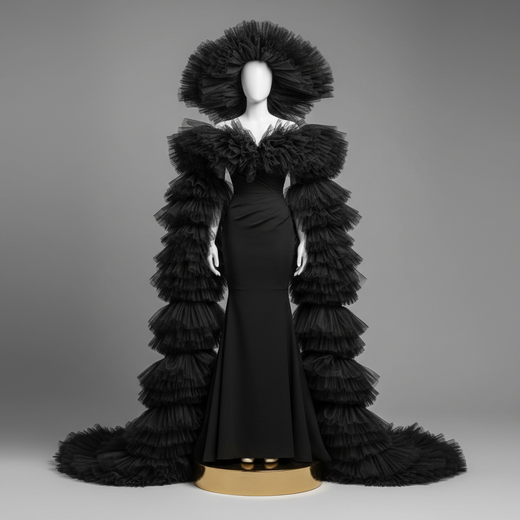 The Black Off-Shoulder Ruffle Cape Gown - A black off-shoulder mermaid gown with a dramatic ruffled organza neckline and e