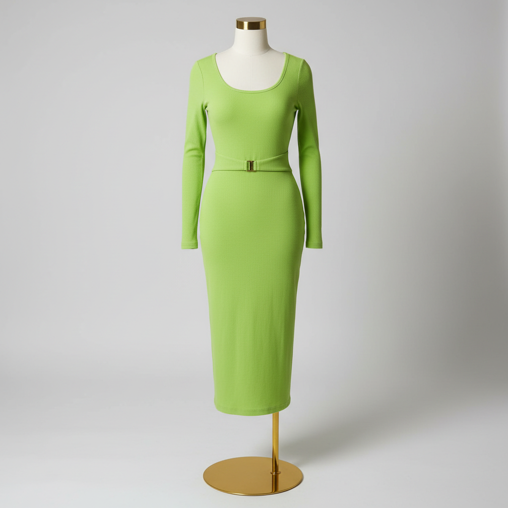 The Chartreuse Structured Midi Dress - A bright chartreuse/lime green body-hugging long-sleeve midi dress with subtle t