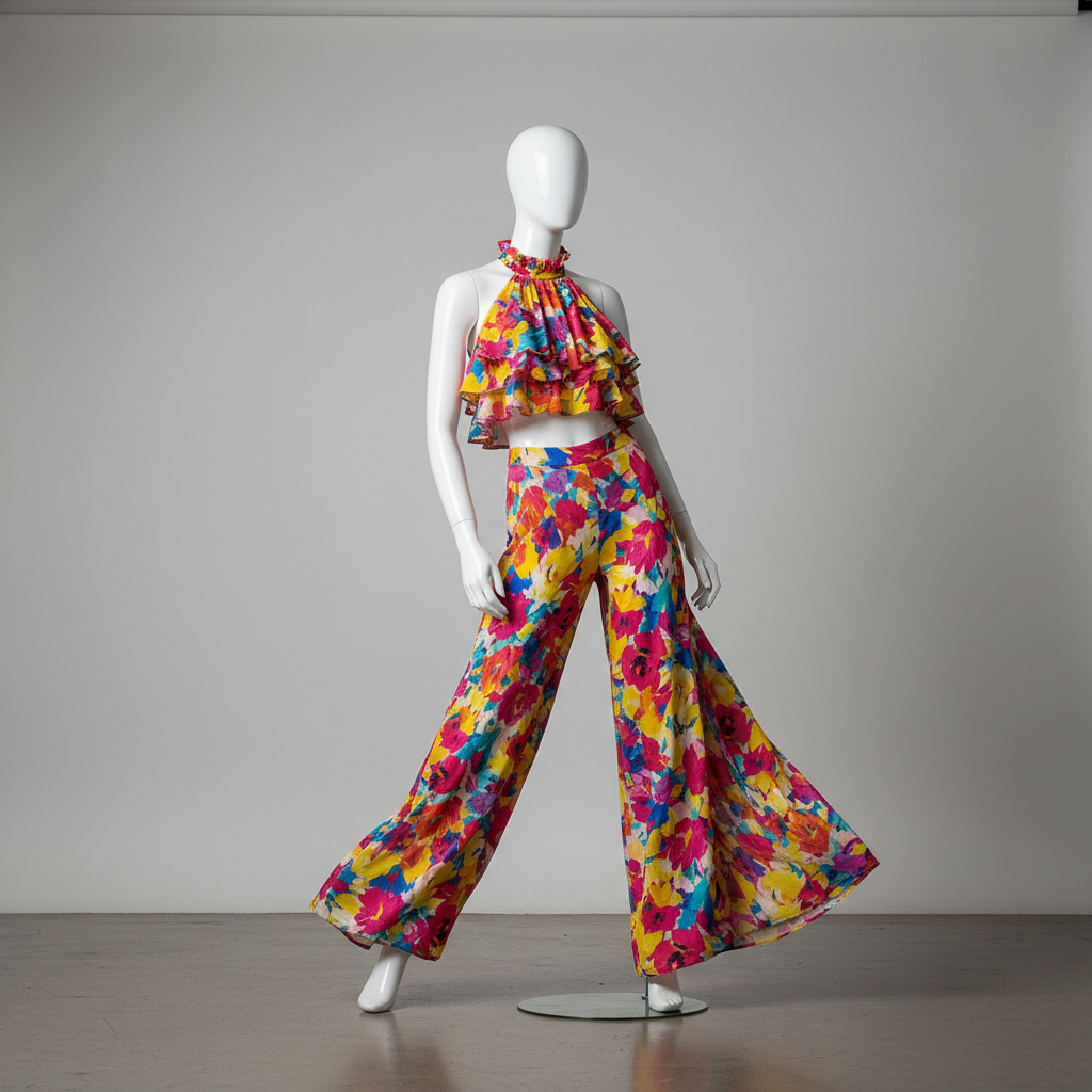 The Dark Floral Organza Two-Piece - A striking two-piece set featuring a short-sleeve collared shirt in a rich dark