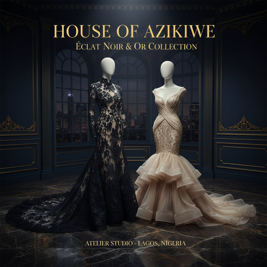 Woman in black and gold beaded evening gown at luxurious gala setting