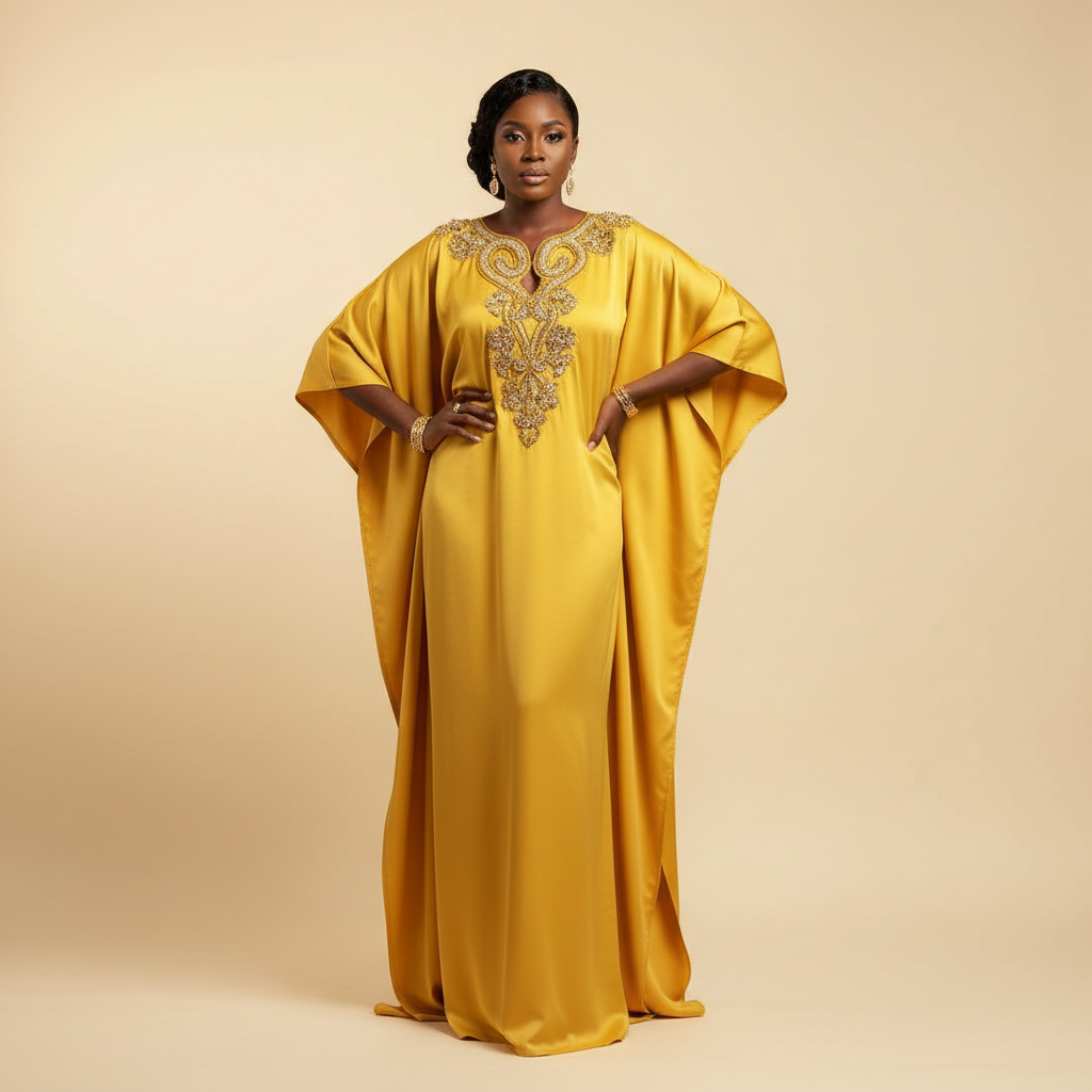 The Yellow Gold Beaded Kaftan - A bright yellow short-sleeve kaftan with a large gold beaded crystal floral appl