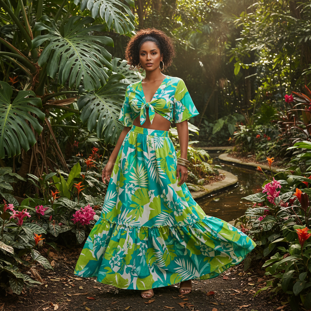Mixed Print Crop & Maxi Set - A trendy coordinated set mixing complementary prints with a cropped top and flow