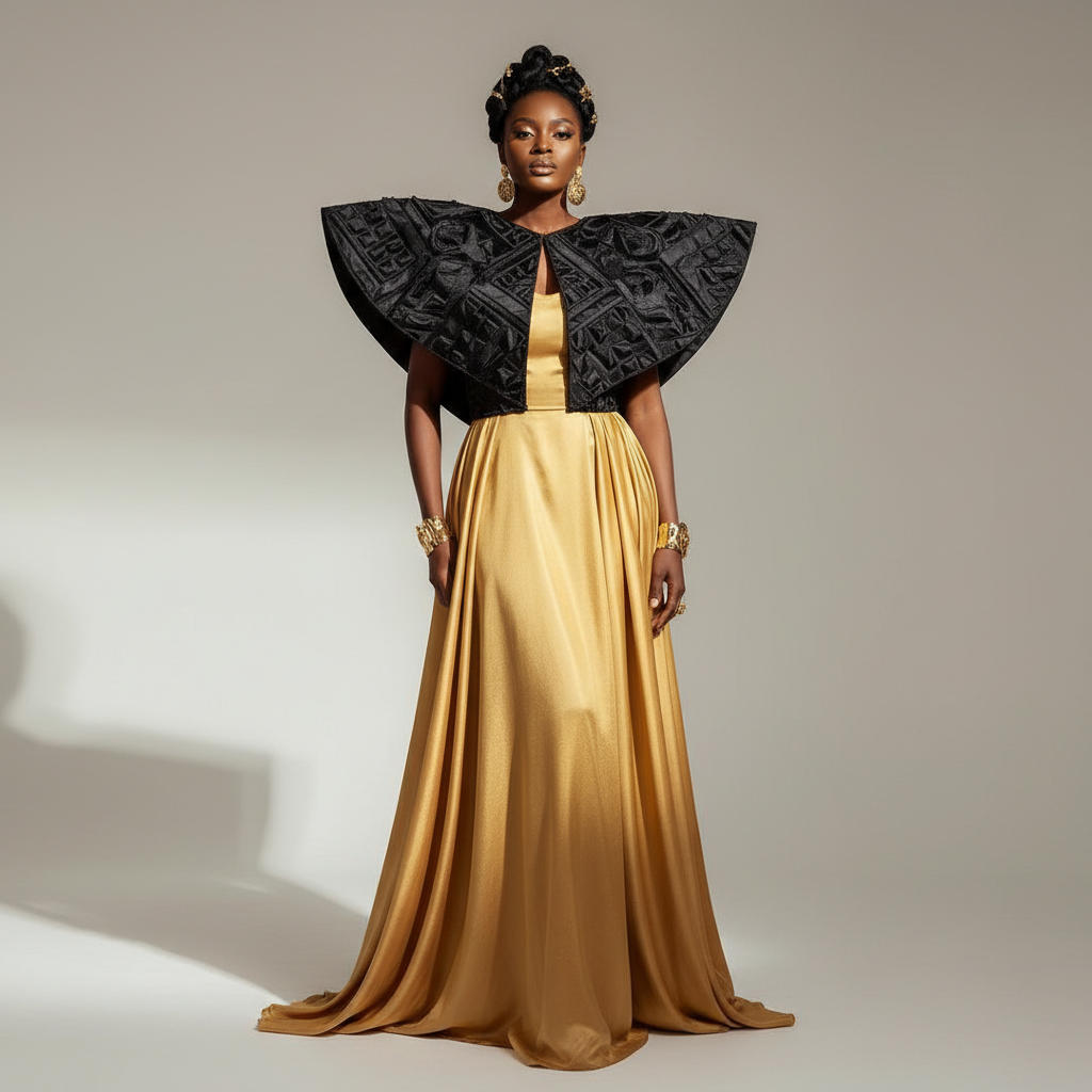 Gold Raw Silk Gown - A stunning golden gown with sculptural black appliqué detail at the shoulders an