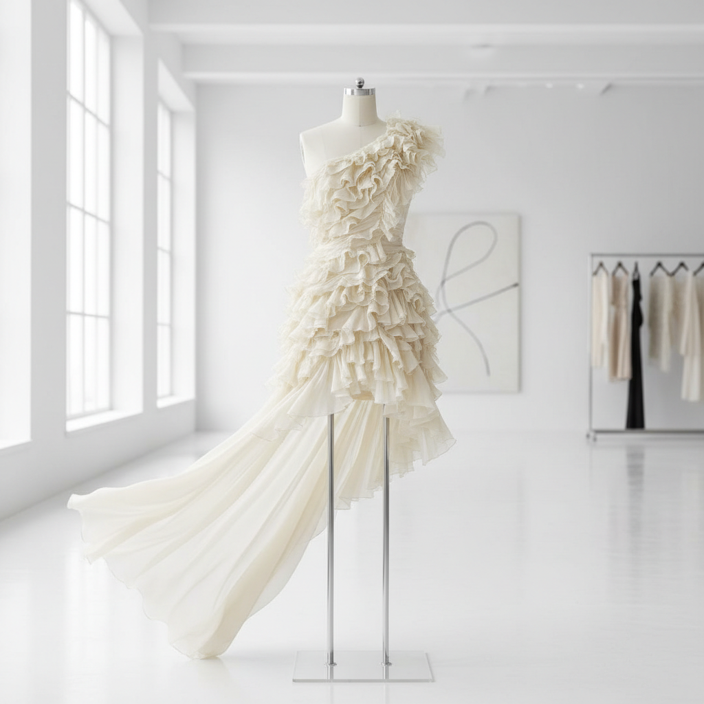 The Cream Ruffled Mini Dress - A delicate cream short dress featuring a refined one-shoulder neckline with soft