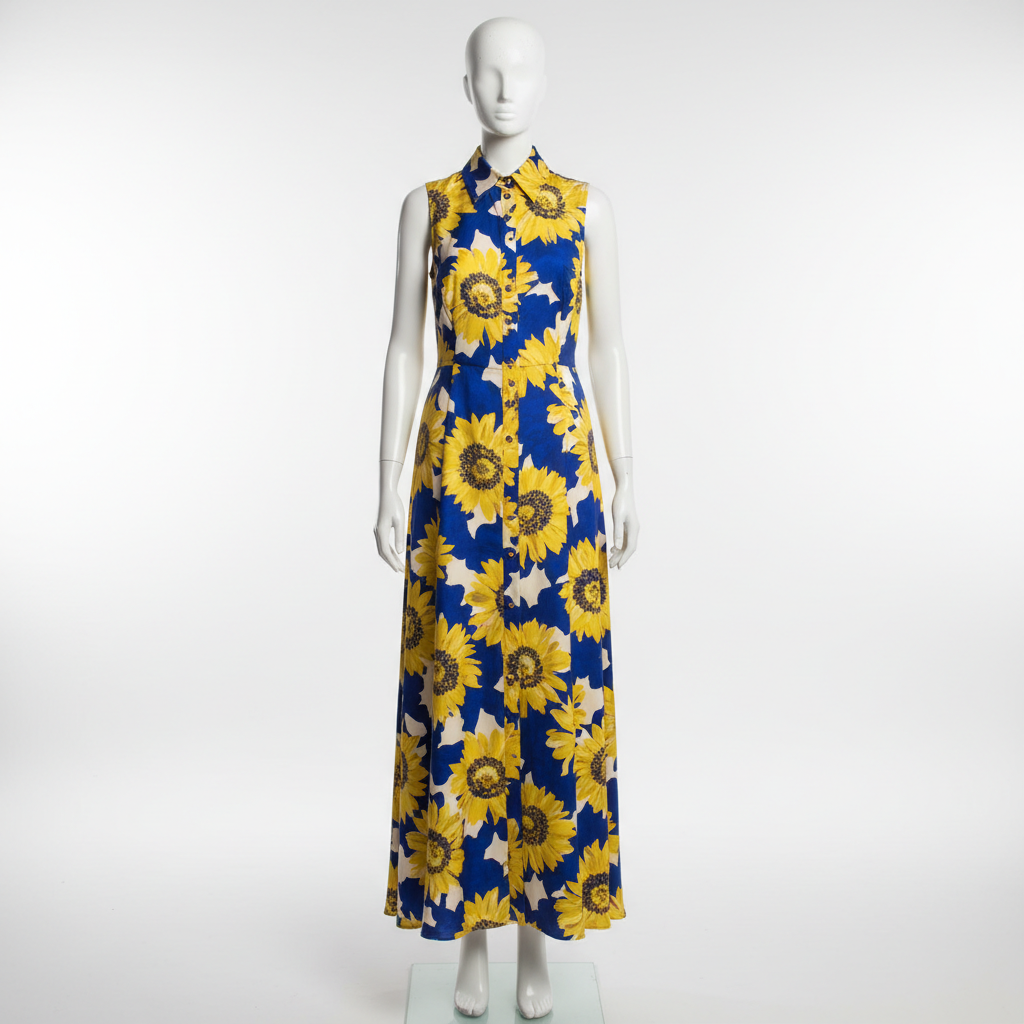 The Sunflower Shirtdress - A vibrant, sleeveless maxi shirtdress with a striking sunflower motif print in c