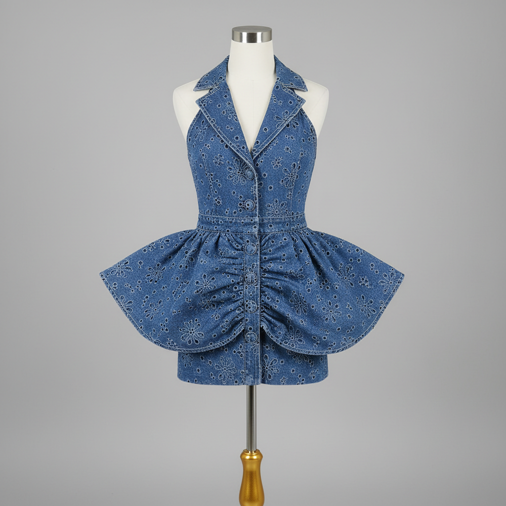 The Denim Halter Mini Dress - A striking denim blue halter neck mini dress with a structured lapel collar, but