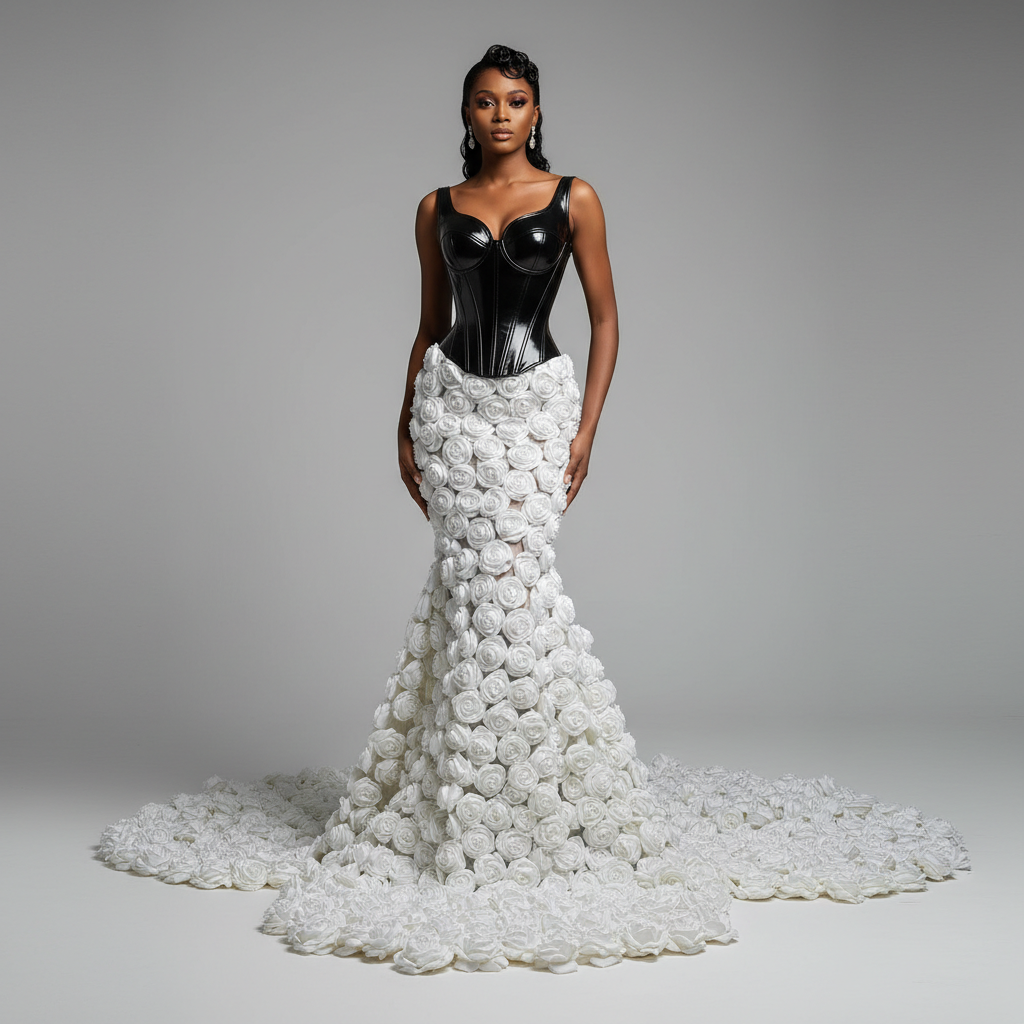 The Black Rose Mermaid - An extraordinary contrast gown with a structured black corset bodice over a brea
