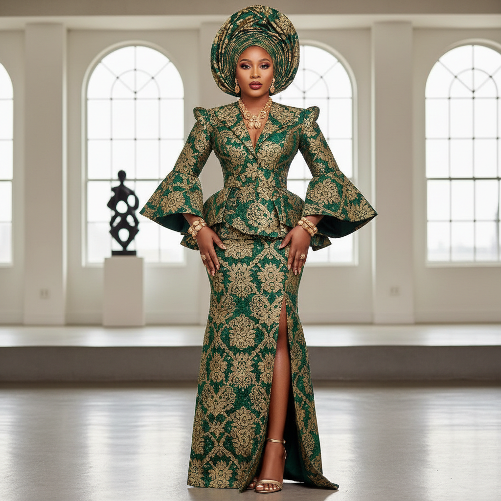 Pink & Gold Brocade Set - A luxurious two-piece ensemble featuring rich brocade with coordinating headwrap
