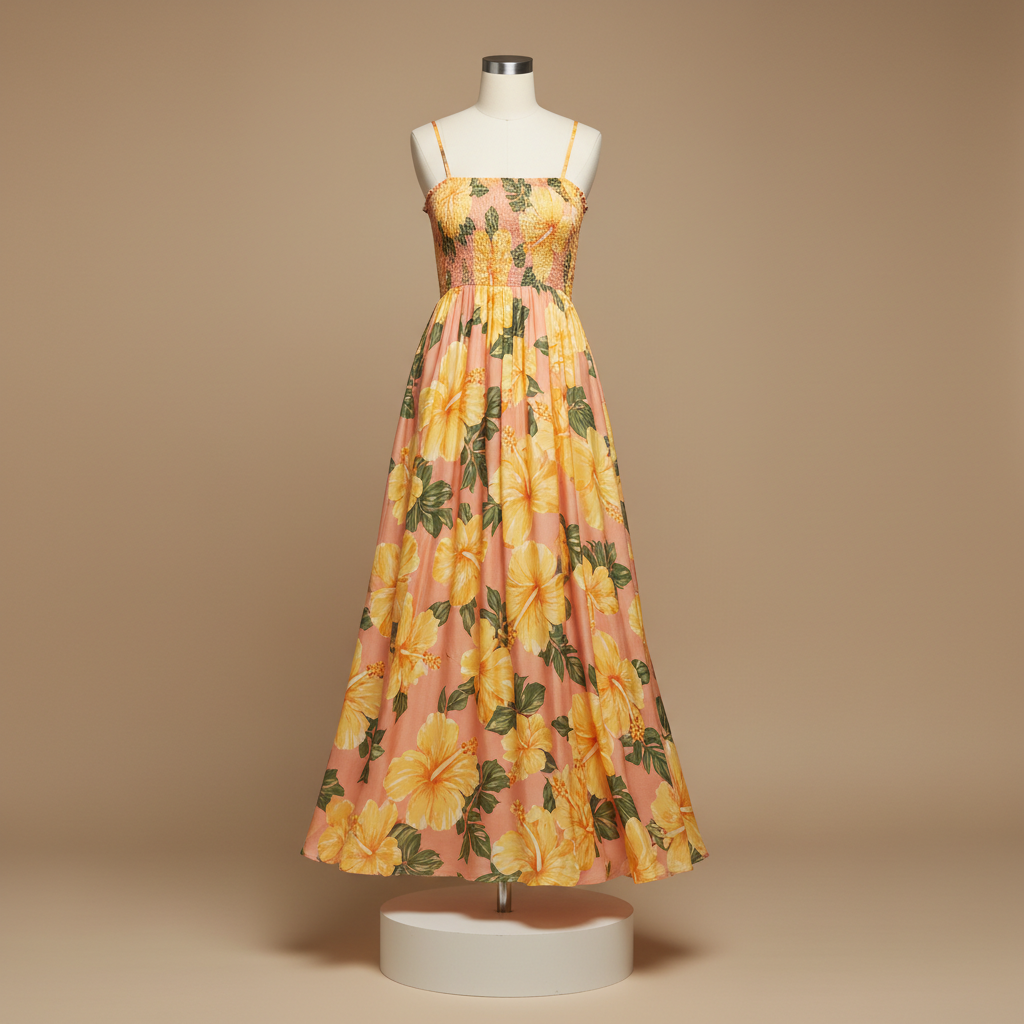 The Soleil Hibiscus Maxi - A warm, summery peach-toned maxi dress accented with soft yellow hibiscus floral