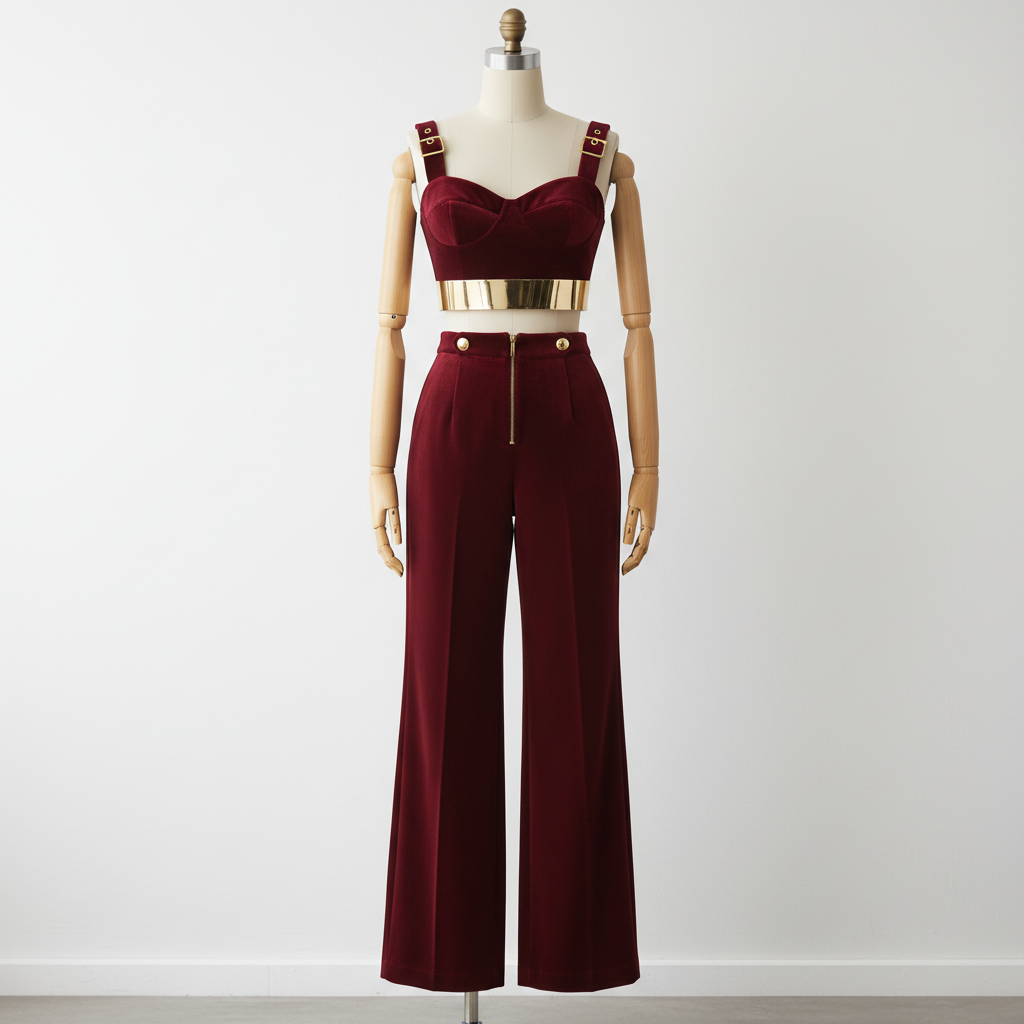 The Wine Red Velvet Ensemble - A sophisticated deep burgundy velvet two-piece ensemble featuring a luxurious cr