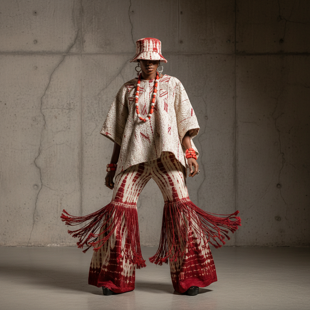 The Ekikere Avant-Garde Set - An avant-garde ivory and red tie-dye balloon trouser set featuring dramatic red