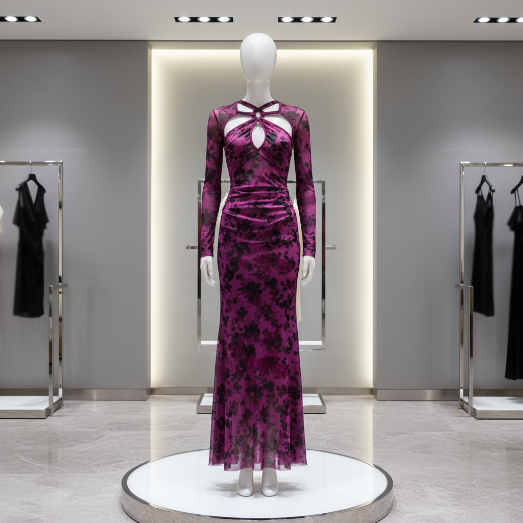 The Purple Floral Mesh Cutout Gown - A daring and sensual floor-length gown in rich magenta-purple with an all-over d
