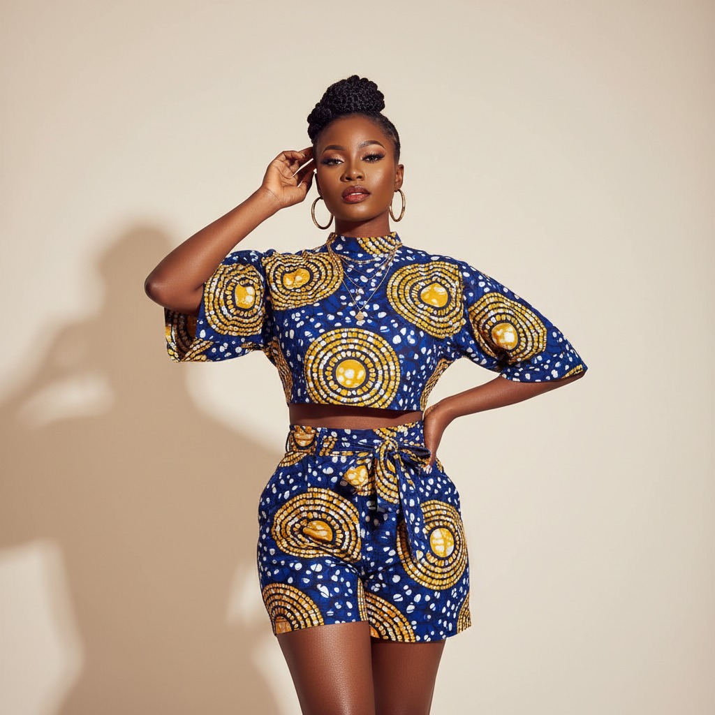 The Adire Batik Short Set - A fun and vibrant three-colorway crop top and shorts set in classic Nigerian adi