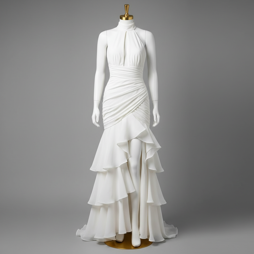The White Halter Slit Ruffle Gown - A stunning white halter neck gown with a high-neck choker collar featuring a tea